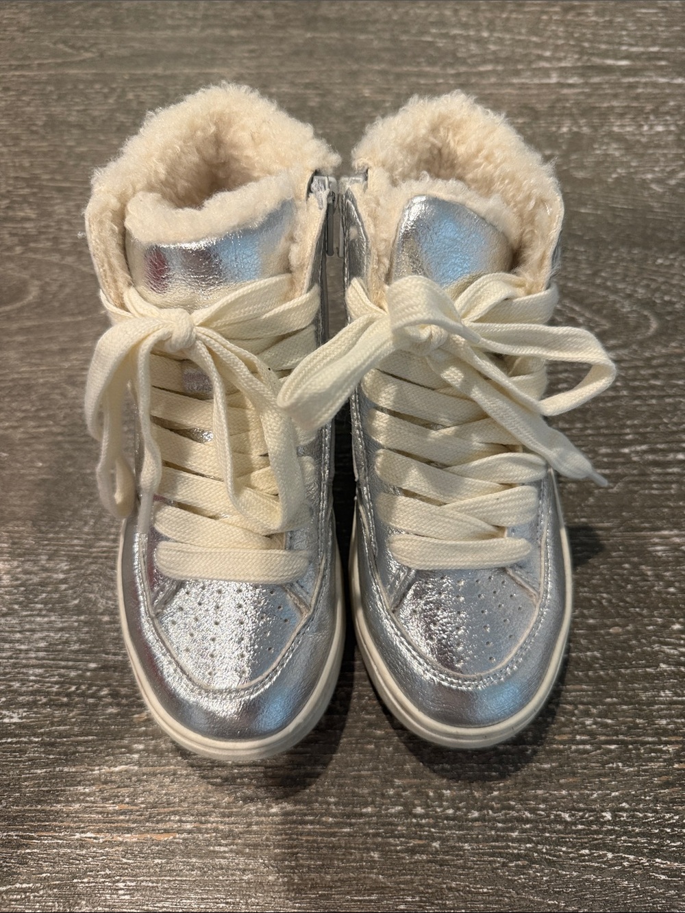 Zara Silver and Cream Faux-Fur High-Top Kids Sneakers